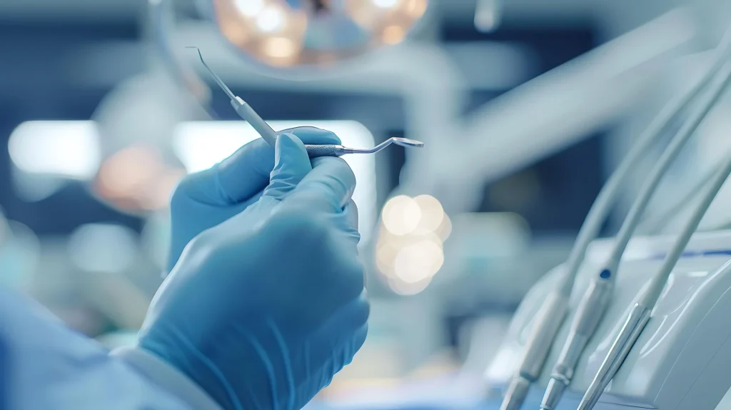 Dentista hospitalar segurando instrumentos odontológicos especializados em clínica odontológica hospitalar