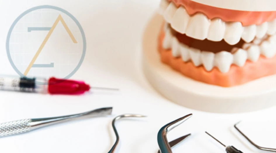 Modelo odontológico demonstrativo de gengiva e dentes com instrumentos periodontais para tratamento